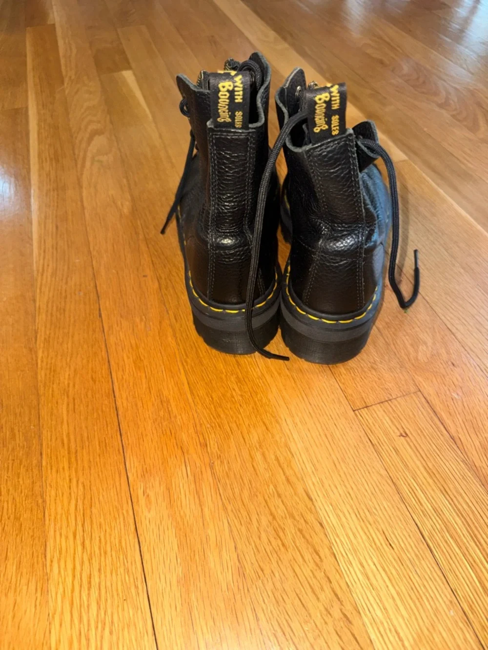 Dr. Martens Black Leather Platform Zip Front Boots with Yellow Stitching - Picture 3 of 4